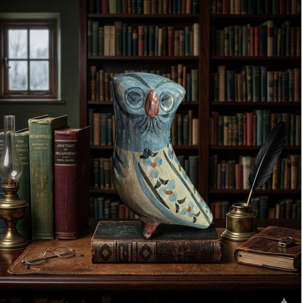 Vintage Tonala Mexico owl Mexican art pottery mid century decor Blue Cream 6"